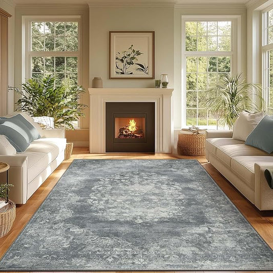 jinchan Washable Area Rug 6x9 for Living Room - Soft Faux Wool Ultra-Thin Stain Resistant Non-Slip Distressed Vintage Floral Rug Large Carpet for Bedroom,Dining Room,Home Office,Nursery(Grey, 6'x9')-CubbioJoy