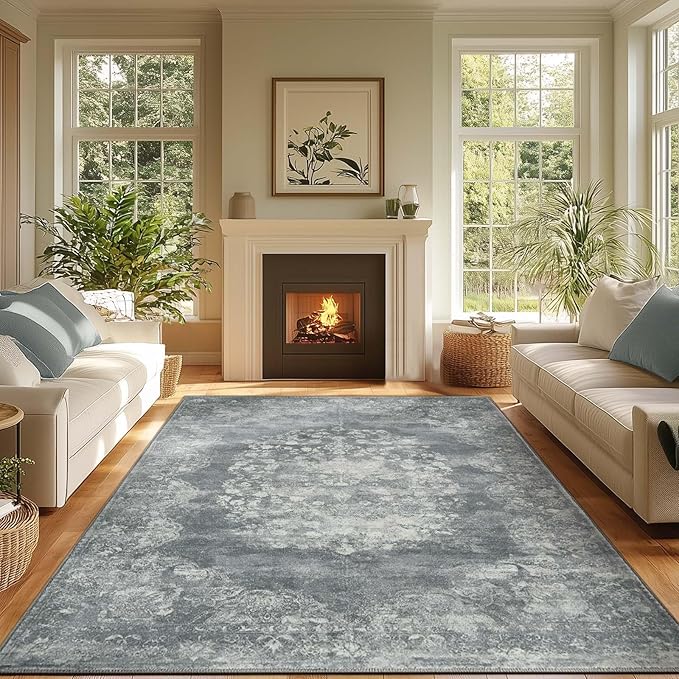 jinchan Washable Area Rug 8x10 for Living Room - Soft Faux Wool Ultra-Thin Stain Resistant Non-Slip Distressed Vintage Floral Large Carpet for Bedroom,Dining Room,Home Office,Nursery(Grey, 8'x10')-CubbioJoy