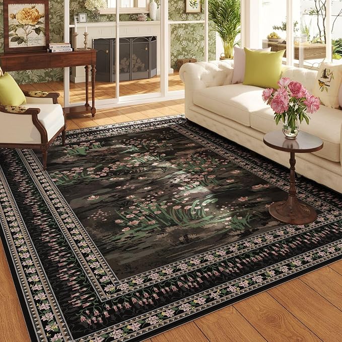 5x7 Area Rugs Impressionist-Style Vintage Washable Area Rug Non Slip Low Pile Large Rugs for Living Room Bedroom Farmhouse Dining Room Kids Playroom, Black-CubbioJoy