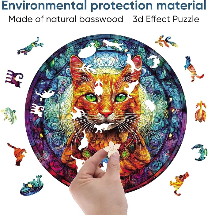 Cool Wooden Puzzle for Adults 500 Piece, Yellow Cat Wooden Jigsaw Puzzles, Beautiful Wooden Puzzle with Box Birthday Gifts for Adults and Kids Family Game(16.5 * 16.5in)-CubbioJoy