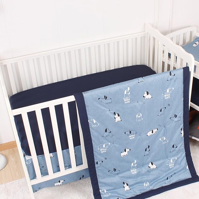 CaSaJa Baby 3-Piece Crib Bedding Set for Boys Girls, Including Soft Quilted Comforter(Blanket), Fitted Crib Sheet and Skirt, Soft Nursery Bedding Set Made of Silky Comfy Materials, Good Luck Puppy-CubbioJoy