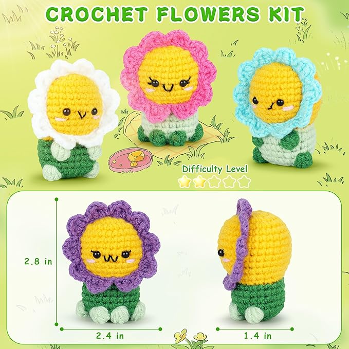 Crochet Kit for Beginners - 4PCS Flowers Complete Crochet Starter Kit with Step-by-Step Video Tutorials, Beginner Crochet Kits for Adults Kids Women, Flower Family Crocheting Set-CubbioJoy
