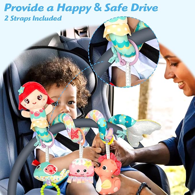 Carseat Toys Hanging Car Seat Toys for Babies 0-6 Months Boy Girl, Mermaid Stroller Toy Newborn Infant Sensory Baby Toy 0-6 Months with Music Rattle Teether, Gift for 0 3 6 9 12 Months-CubbioJoy