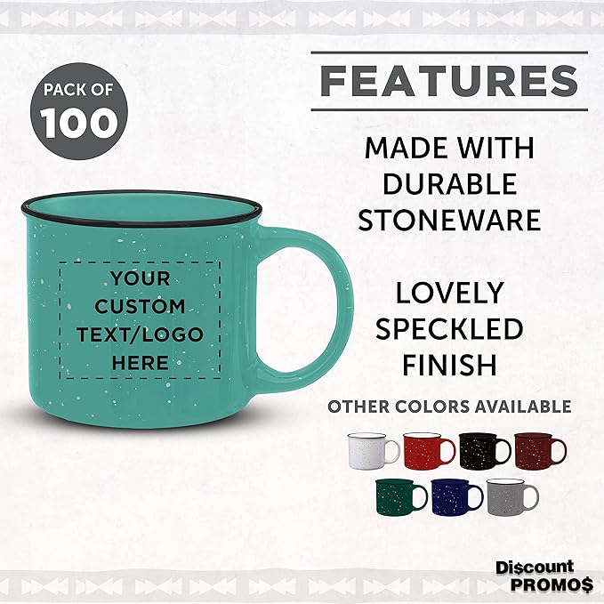 DISCOUNT PROMOS Custom Ceramic Campfire Coffee Mugs 13 oz. Set of 100, Personalized Bulk Pack - Perfect for Tea, Espresso, Cappuccino, Hot Cocoa - Mint-CubbioJoy