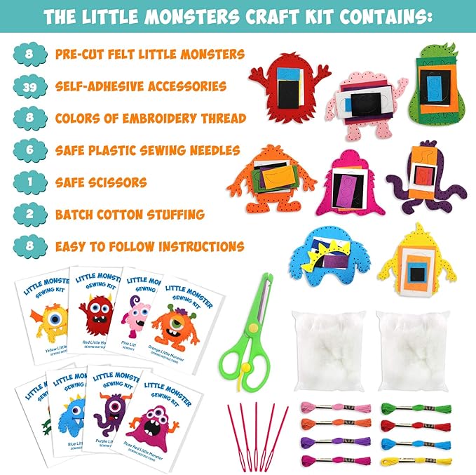 CiyvoLyeen Little Monsters Sewing Craft Kit for Children Adopt A Monster Felt Plush DIY Sewing Art Kids Educational Toys Monster Bash Craft Gift for Beginners Set of 8-CubbioJoy