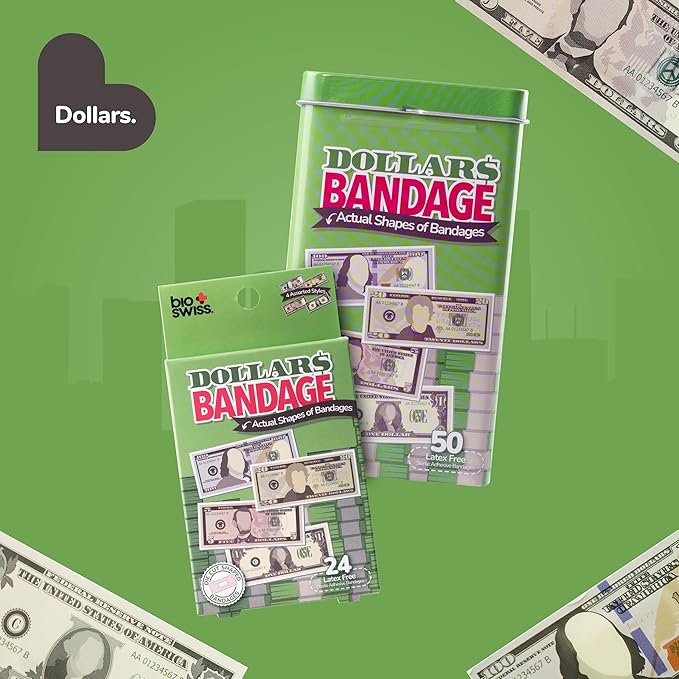 BioSwiss Bandages, Money Shaped Self Adhesive Bandage, Latex Free Sterile Wound Care, Fun First Aid Kit Supplies for Kids, 24 Count-CubbioJoy