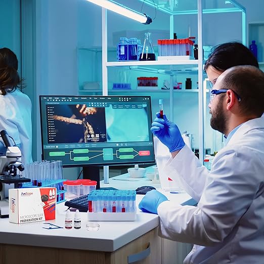 AmScope Microscope Slide Preparation Kit - Includes Blank Microscope Slides, Eosin Red & Methylene Blue Stain Powders, Tweezers, Swab & More - 22-Piece Kit-CubbioJoy