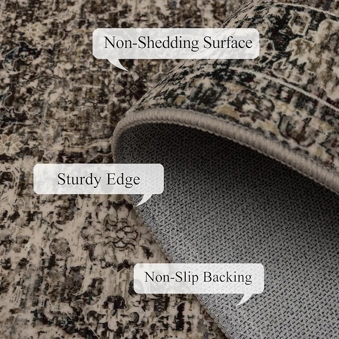 9x12 Area Rug Living Room Rugs, Stain Resistant Washable Rug, Vintage Large Non-Slip Backing, Low Pile Lightweight Print Rug for Bedroom Dinning Room Home Office (Brown)-CubbioJoy