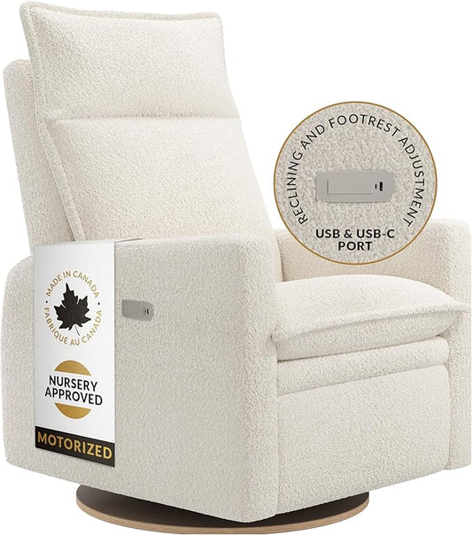 Arya Modern Nursery Chair Glider Recliner with 180° Swivel - Cozy Motorized Reclining Nursing Chair with USB Ports, Gentle Motion, Ergonomic Design, Canadian-Made (Pearl/Puppy Fabric)-CubbioJoy