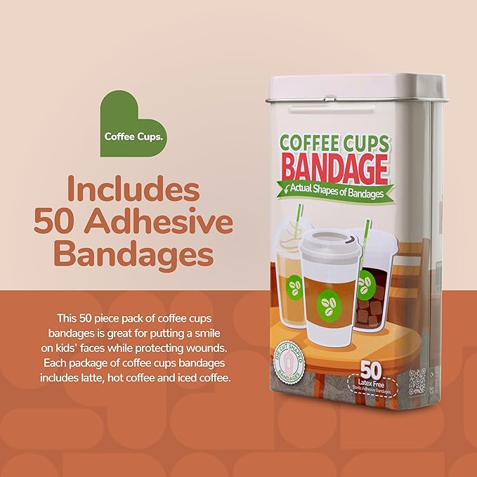 BioSwiss Bandages, Coffee Cup Shaped Self Adhesive Bandage, Latex Free Sterile Wound Care, Fun First Aid Kit Supplies for Kids, 50 Count-CubbioJoy