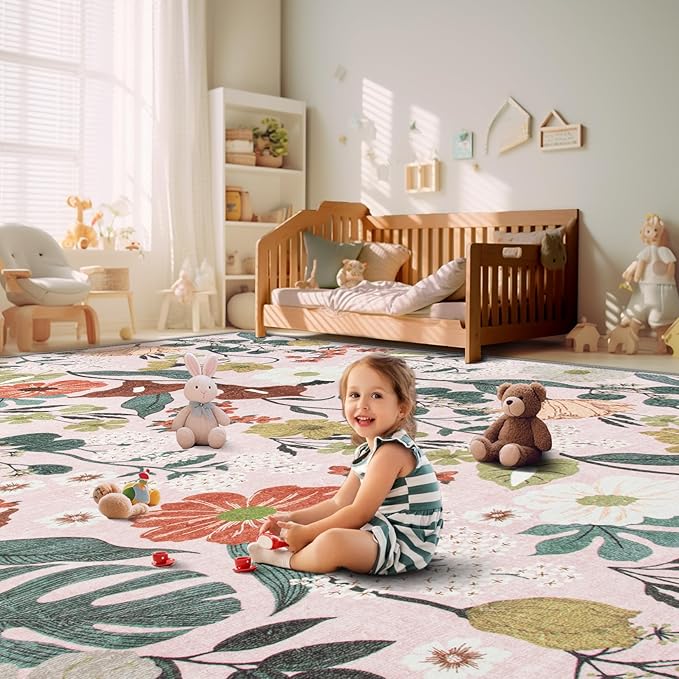 9x12 Area Rug for Living Room: Vintage Floral Washable Rug Soft Boho Non Slip Carpet Large Indoor Floor Non Shedding Low Pile Thin Carpets for Bedroom Dining Room Farmhouse Nursery Home Light Pink-CubbioJoy