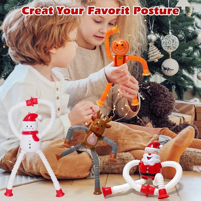Christmas LED Pop Tubes Light Up 4 Pcs Sensory Fidget Toys, Telescopic Suction Cup Santa Toys Autism Christmas Party Favors Game Prizes Goody Bags Stocking Stuffers Treats for Kids 3+ (Christmas)-CubbioJoy