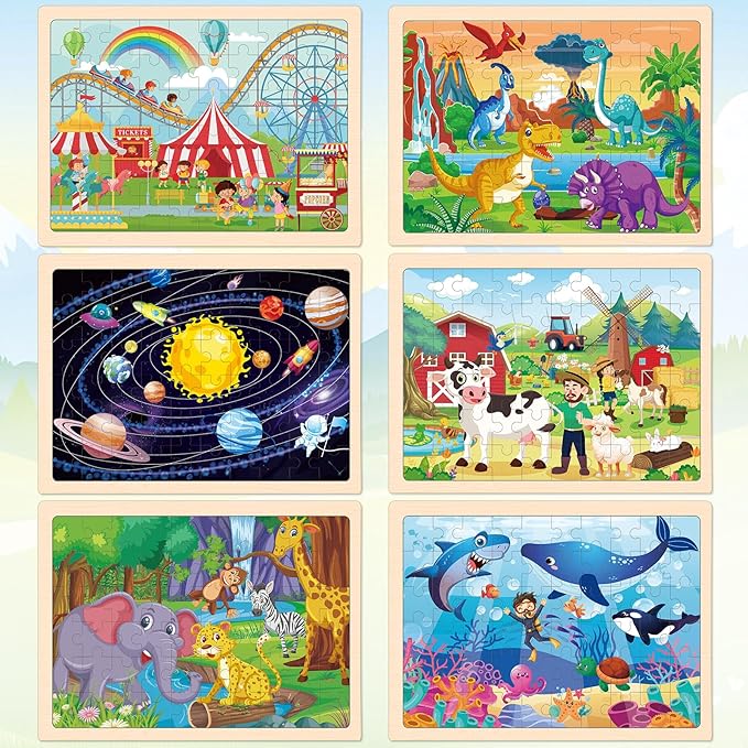 6 Packs Wooden Puzzles for Kids Ages 4-6, 60 Piece Wood Dinosaur Animals Jigsaw Puzzles for Toddlers Ages 3-5, Preschool Educational Learning Toys Gifts for 2 3 4 5 6 7 8 Boys Girls-CubbioJoy