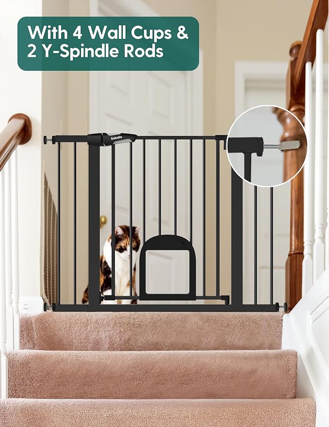 Babelio 36" Tall Upgraded Baby Gate with Cat Door,29-43" Auto Close Durable Dog Gate for Stairs,Doorways and House,Easy Walk Thru,Includes 4 Wall Cups,Black-CubbioJoy