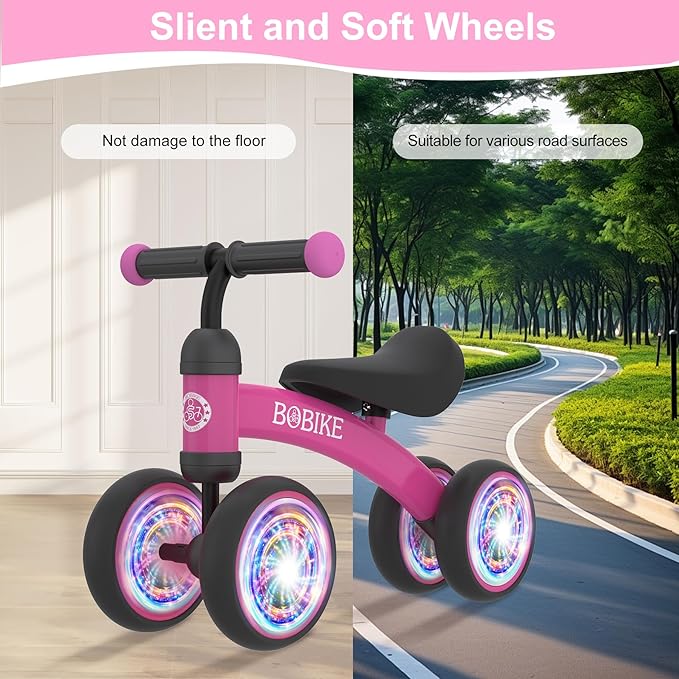 Baby Balance Bike Toys for 12-36 Months Kids Toy Boy and Girls Gifts Toddler Best First Birthday Gift Children Walker No Pedal Infant 4 Wheels Bicycle (Colorful, Rose Red-Light)-CubbioJoy