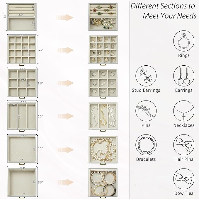 AKOZLIN Functional 6-Tier Jewelry Box Organizer with 5 Drawers Leather Jewelry Storage Case for Women Girls Ring Necklace Earring Bracelet Holder Organizer with Mirror Grey-CubbioJoy