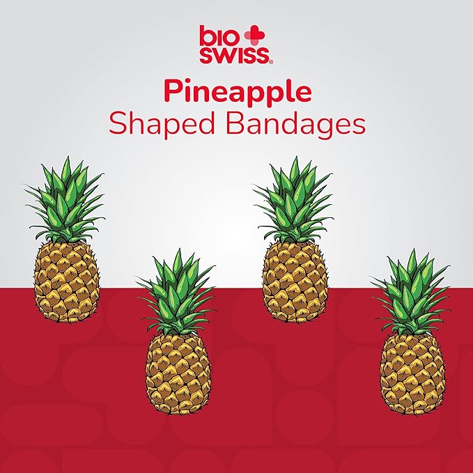 BioSwiss Bandages, Pineapple Shaped Self Adhesive Bandage, Latex Free Sterile Wound Care, Fun First Aid Kit Supplies for Kids, 24 Count-CubbioJoy