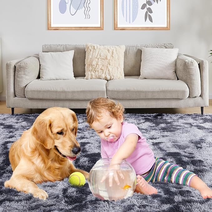 6x9 Area Rugs for Living Room, Fluffy Shaggy Bedroom Rug Indoor Carpet, Anti-Skid Soft High Pile Rug for Nursery, Kids Room, Bedside, Home Decoration, Tie-Dyed Dark Grey-CubbioJoy