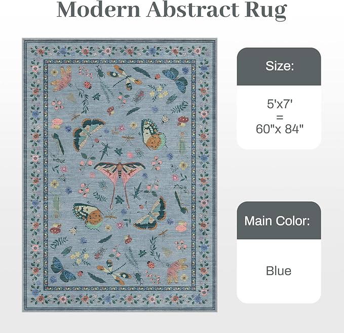 5x7 Washable Area Rug with Insect Print - Bug Rug Non-Shedding Stain Resistant Soft Carpet for Bedroom, Low Pile Ultra-Thin Machine Washable Carpet for Dining Room, Kids Nursery, Office (5'x7' Blue)-CubbioJoy
