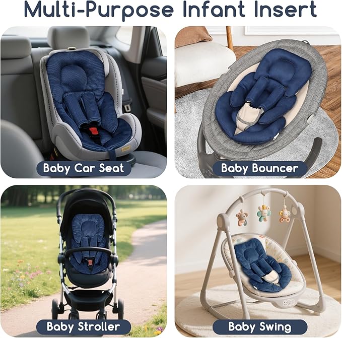 Infant Car Seat Insert for Newborn Girls Boys, Summer Mesh Baby Carseat Head Support with Strap Pads, Soft Reversible Baby Car Seat Insert Cushion Pad for Car Seat, Stroller, Bouncer, Swing, Blue-CubbioJoy