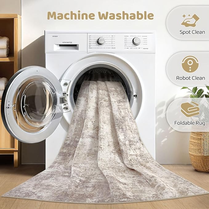 8x10 Area Rugs Living Room: Washable Large Abstract Soft Rug Stain Resistant Indoor Floor Non-Slip Accent Carpet for Women Modern Home Enthusiasts Aged 25-45 - Bedroom Nursery Playroom- Beige Brown-CubbioJoy