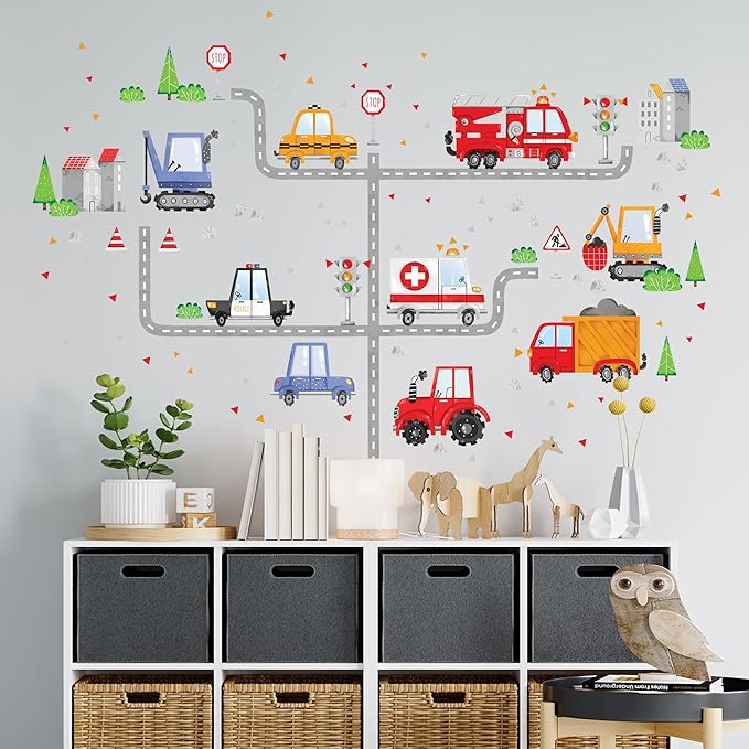 Car Wall Decals by Lipastick - Peel and Stick Transport Road Trucks Stickers for Boys Room, Toddler Bedroom, Baby Nursery, Kids Playroom, Living Room- Removable Decor - M Size-CubbioJoy