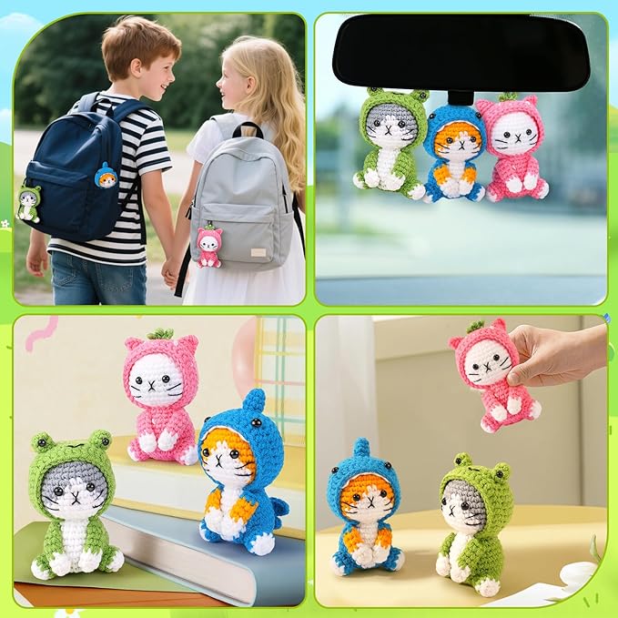 Crochet Kit for Beginners - 3 PCS Crochet Kits with Step-by-Step Video Tutorials, Beginner Crochet Kit for Adults Kid, Crochet Animal Kit for Starters, Cat Dressed as Shark Frog Strawberry-CubbioJoy