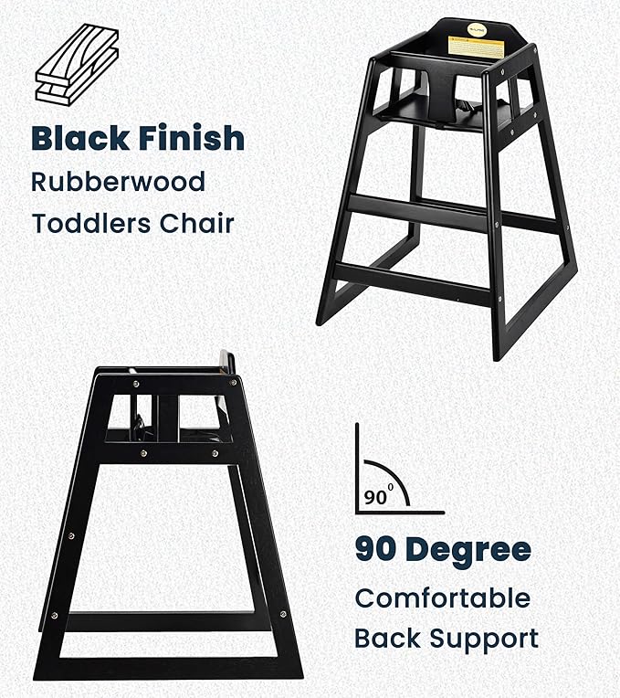 Alpine Wooden High Chairs for Babies and Toddlers with Safety Strap, Commercial Grade Restaurant High Chair, Durable Wood Space Saver Baby Feeding Chair, Ideal for Dining Spaces (2 Pack, Black)-CubbioJoy