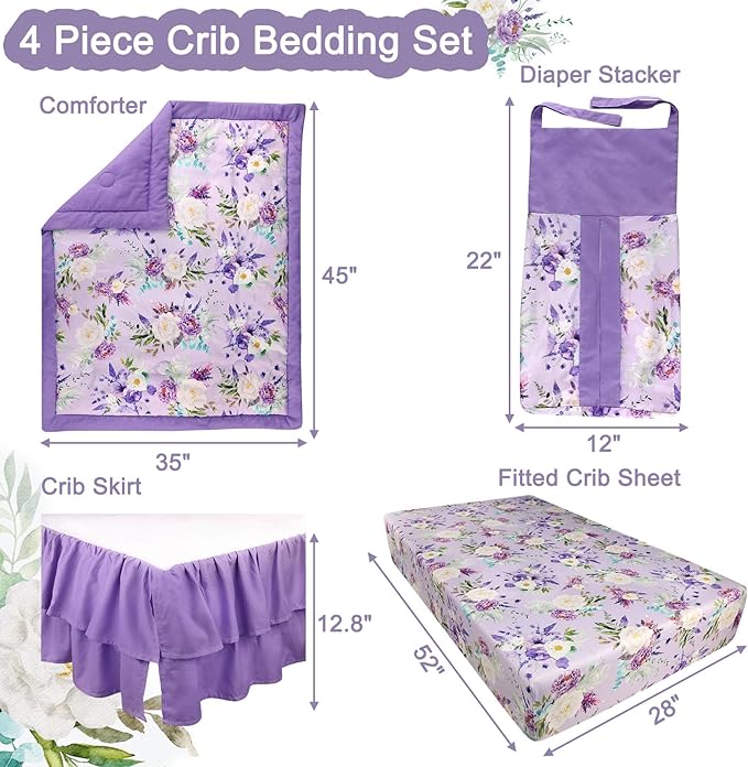 Crib Bedding Set for Girls, Purple Baby Crib Bedding Set 4 Piece, Baby Girl Nursery Bedding Set Including Comforter, Fitted Crib Sheet, Crib Skirt, Diaper Stacker, Floral-CubbioJoy