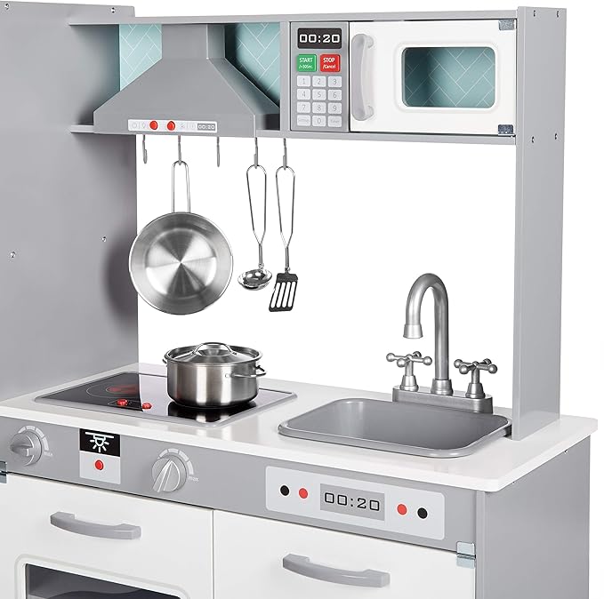 Amazon Basics Kids Kitchen Set, Play Kitchen Toy Playset for Toddlers, Preschoolers, 39"L x 11.8"W x 39"H, White & Gray-CubbioJoy