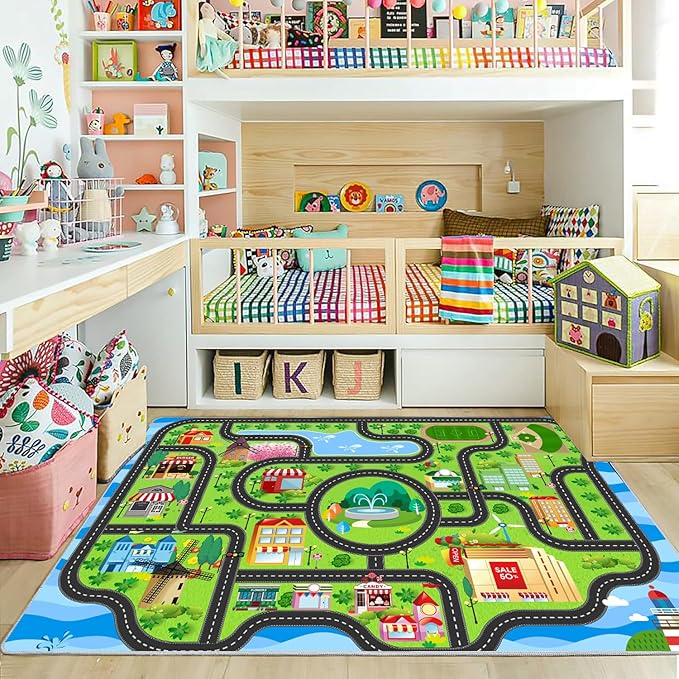 Car Rug,Kids Play Rug with Roads,Playroom Toy Car Rug, Car Track Rug City Map for Bedroom Classroom - (78.7X59 Inches)-CubbioJoy