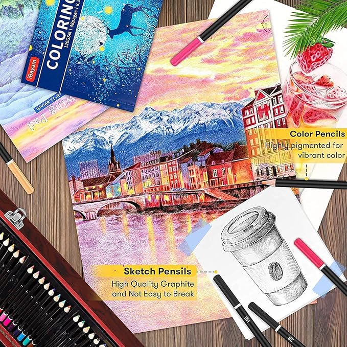 Art Supplies, iBayam 150-Pack Deluxe Wooden Art Set Crafts Drawing Painting Kit with 1 Coloring Book, 2 Sketch Pads, Creative Gift Box for Adults Artist Beginners Kids Girls Boys-CubbioJoy