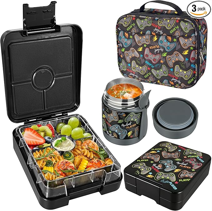 Bento Lunch Box Set With 10oz Soup Thermo, Leak-proof Lunch Containers with 4 Compartment, Kids Hot Thermo Food Jar/Insulation Lunch Bag, Food Containers for School (Black-Games)-CubbioJoy