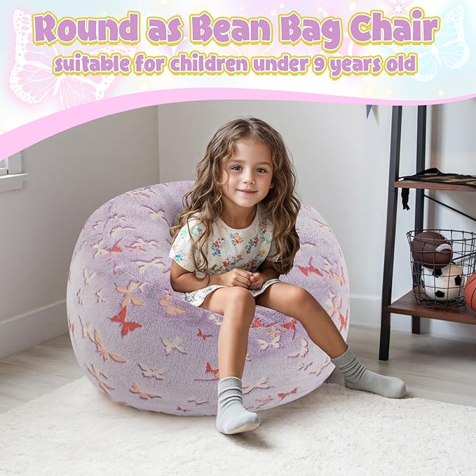 COMAX Kids Bean Bag Chair Turn into Beanbag Bed, Toddler Bean Chair for Girl Boy Sleeping, Lazy Children Bean Bags with Filler, Convertible Child Floor Mattress, Purple Butterfly-CubbioJoy