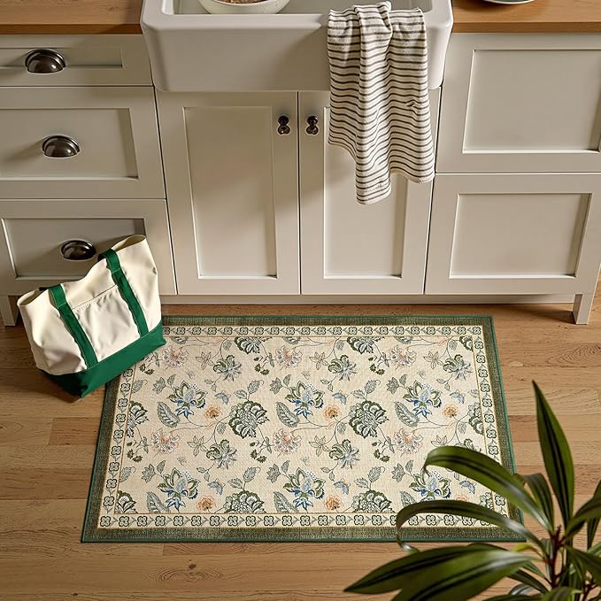 jinchan 2x3 Floral Rug for Entryway Washable Kitchen Rug Vintage Romance Design Small Mat Non Slip Indoor Doormat Lightweight Low-Profile Throw Carpet for Entrance Bathroom Laundry Room, Green/Beige-CubbioJoy