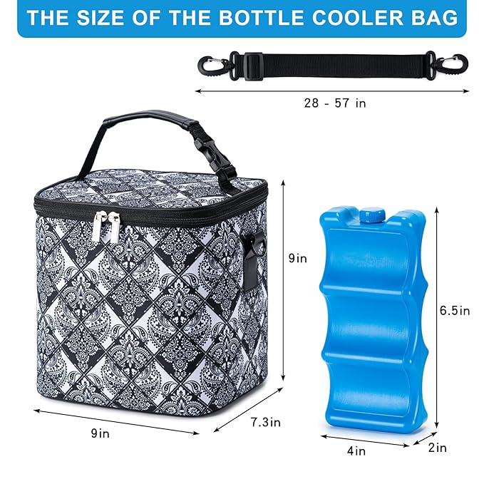 Breastmilk Cooler Bag with Ice Pack Fits 6 Baby Bottles Up to 9 Ounce, Baby Bottle Bag with Shoulder Strap for Nursing Mom Daycare, Black-CubbioJoy