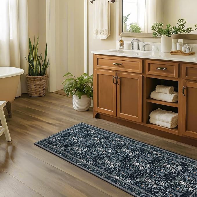 Joydeco Floral Washable Runner Rug for Kitchen, Forest Hallway Rug Runner 2x6 Non Slip, Boho Botanical Ultra-Thin Soft Indoor Floor Throw Carpet for Bathroom Entryway Foyer, Blue-Black-CubbioJoy
