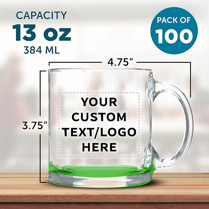 Custom Libbey Clear Glass Coffee Mugs 13 oz. Set of 100, Personalized Bulk Pack - Perfect for Coffee, Tea, Espresso, Hot Cocoa, Other Beverages - Green Bottom-CubbioJoy