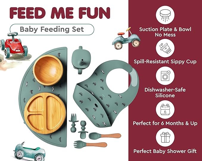 Bamboo Baby Feeding Set for Infants & Toddlers - Baby Essentials, Non-Toxic, Sustainable, Bamboo Suction Plate & Bowl, Bib, Sippy Cup w/Lid & Straw, Perfect Baby Shower Gifts (Pine Gray)-CubbioJoy