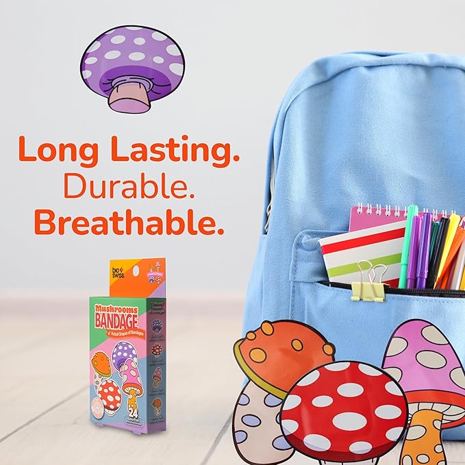 BioSwiss Bandages, Mushroom Shaped Self Adhesive Bandage, Latex Free Sterile Wound Care, Fun First Aid Kit Supplies for Kids and Adults, 24 Count-CubbioJoy