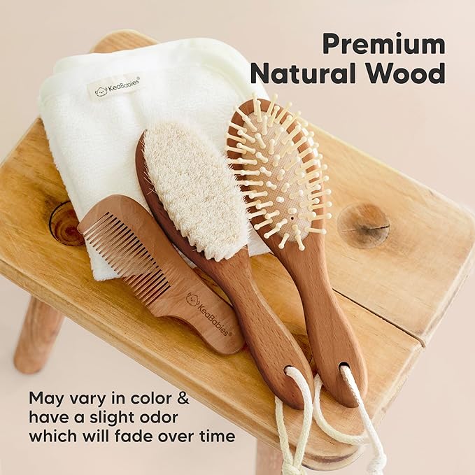 Baby Hair Brush and Comb Set for Newborn - Wooden Baby Hair Brush Set with Soft Goat Bristle, Baby Brush Set for Newborns,Baby Brush and Comb Set Girl, Boy,Toddler Cradle Cap Brush (Oval, Dark Walnut)-CubbioJoy