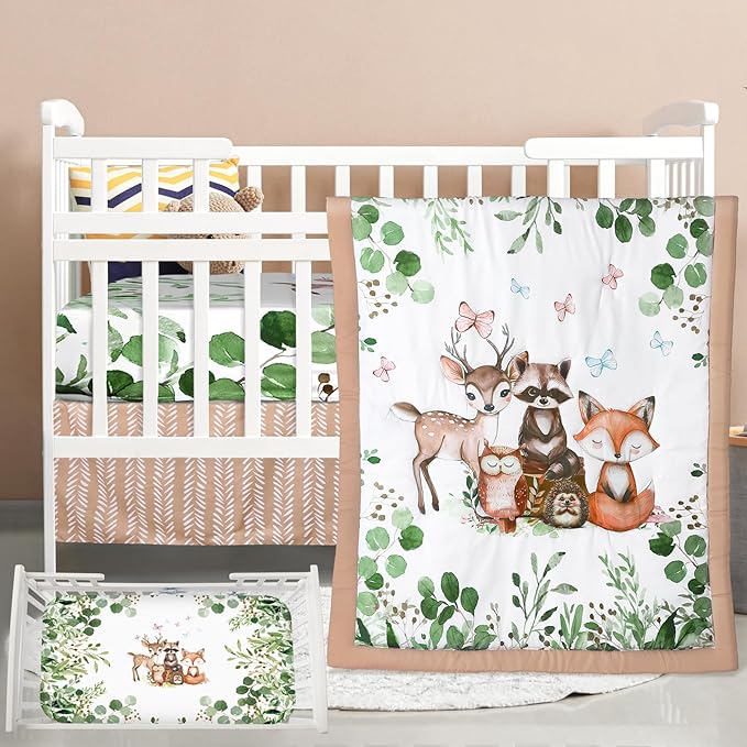 3 Pcs Baby Crib Bedding Set Safari Animals Dinosaurs Bear Woodland Animals Jungle Crib Set Includes Quilt, Fitted Sheet, Skirt for Baby Boy Girl(Green,Woodland Raccoons Deer Etc.)-CubbioJoy
