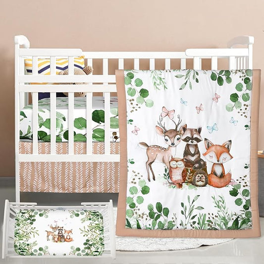 3 Pcs Baby Crib Bedding Set Safari Animals Dinosaurs Bear Woodland Animals Jungle Crib Set Includes Quilt, Fitted Sheet, Skirt for Baby Boy Girl(Green,Woodland Raccoons Deer Etc.)-CubbioJoy