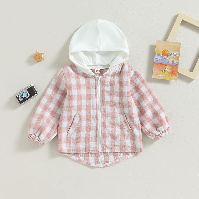 Douhoow Toddler Baby Plaid Jacket Baby Boy GIrl Flannel Hoodies Zip Up Hooded Fall Winter Outerwear Coat-CubbioJoy