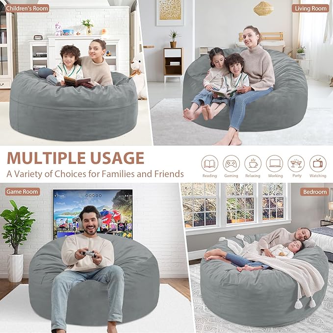 3FT Bean Bag Chair, Comfy Bean Bag Chairs with Memory Foam Filled, Fluffy Beanbag Sofa with Dutch Velvet Cover, Round BeanBag Chairs for Living Room, Playroom - Light Grey-CubbioJoy