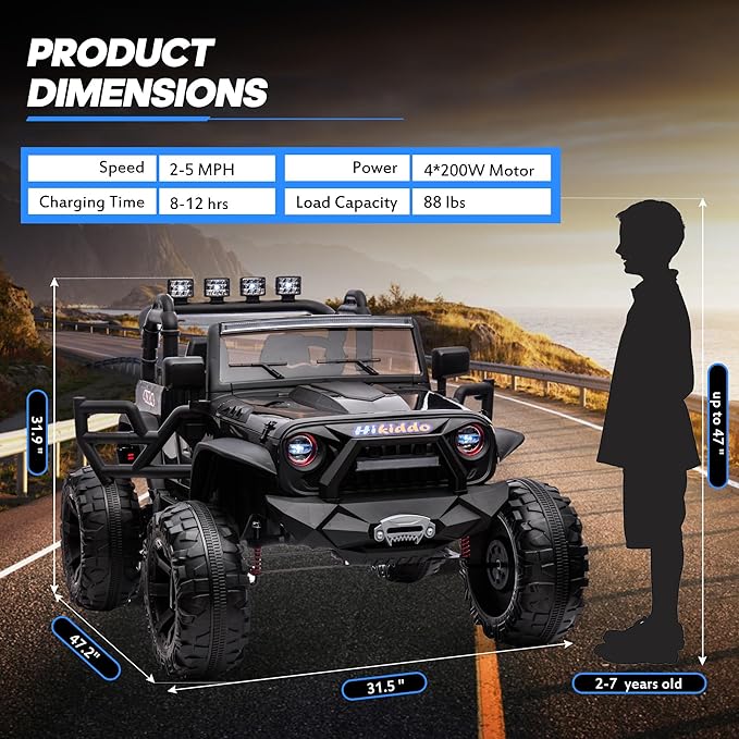 24V 9Ah Ride on Toy for Big Kids, 4WD 2 Seater Ride on Car Truck with Remote Control, 4x200W Motor - Black-CubbioJoy