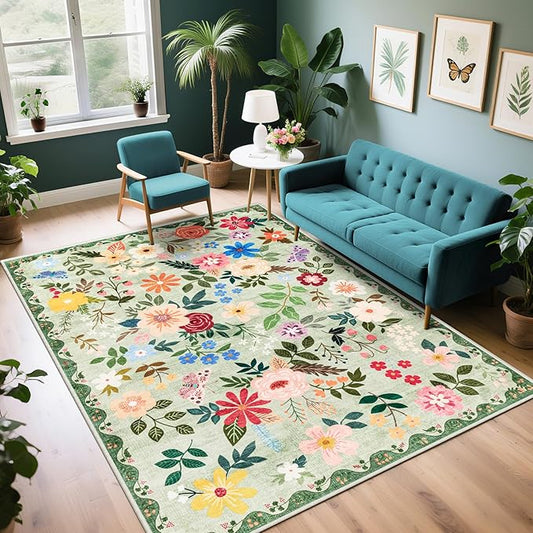 Area Rug Living Room Rugs: Floral 5x7 Washable Rug Vintage Soft Boho Non-Slip Carpet Indoor Stain Resistant Large Carpets for Bedroom Dining Room Farmhouse Nursery Hallway Home Office Green-CubbioJoy