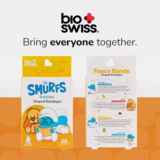 BioSwiss Bandages, The Smurfs Baby Smurf Shaped Self Adhesive Bandage, Latex Free Sterile Wound Care, Fun First Aid Kit Supplies for Kids and Adults, 24 Count Box-CubbioJoy