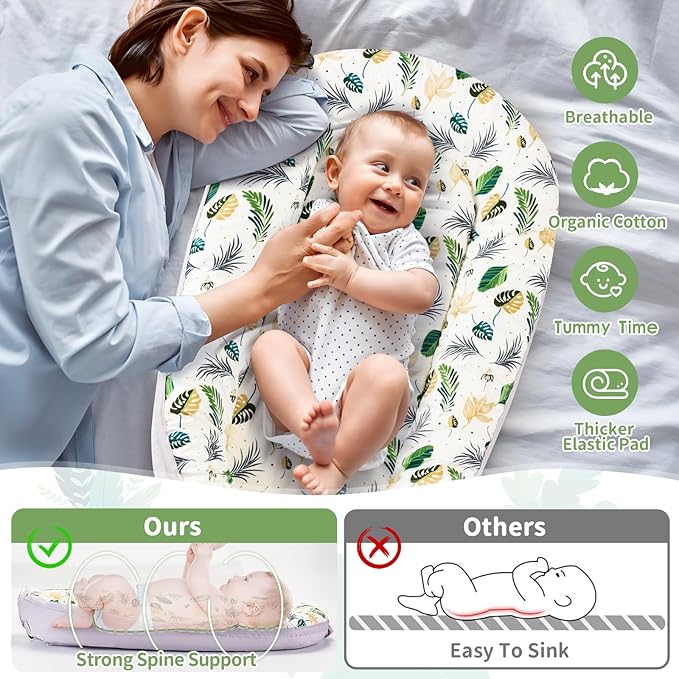 Baby Lounger- Baby Nest for 0-24 Months, Ultra Soft Organic Cotton Breathable & Portable Baby Lounger, Baby Lounger Pillow for Newborn-CubbioJoy