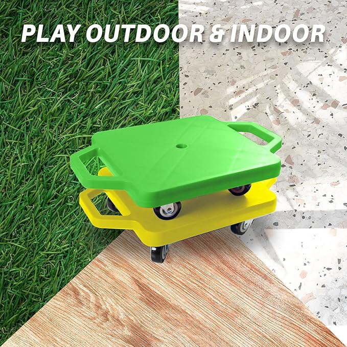 2 Plastic Scooter Boards with Handles for Kids Sitting and Sports Training, with 1 Ring, 2 Ropes and 4 Beanbags, Indoor and Outdoor Play-CubbioJoy